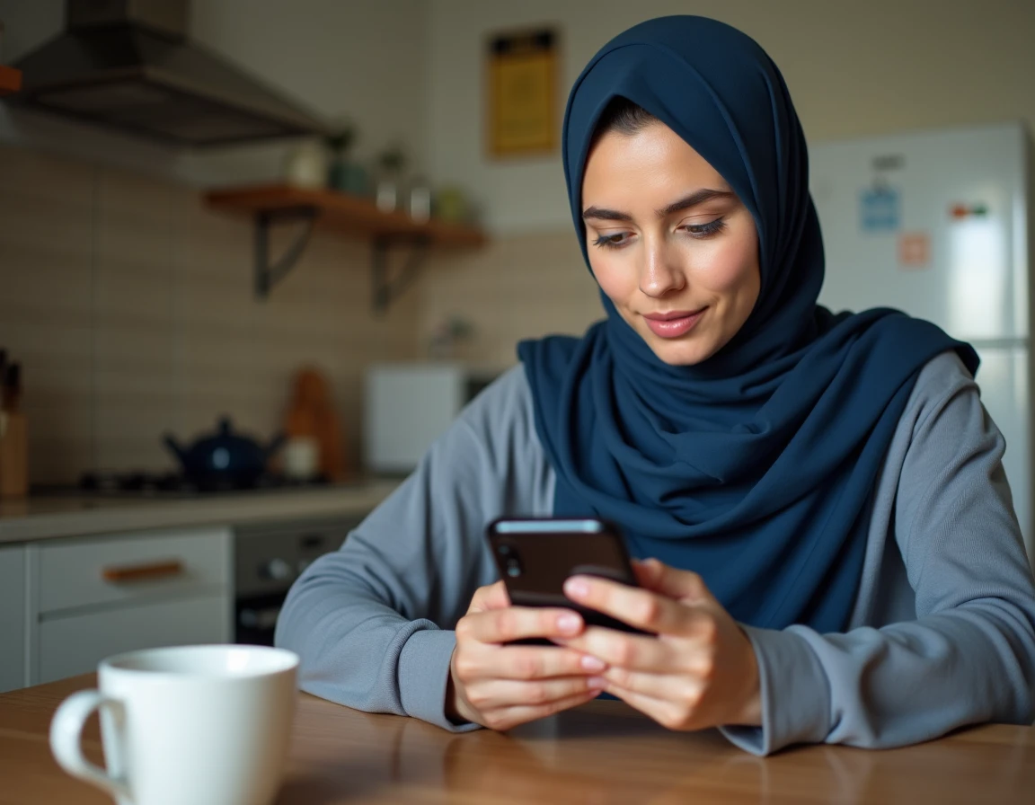 Femme musulmane consultant les horaires de prière sur smartphone dans une cuisine au Blanc-Mesnil
