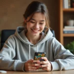 Jeune femme jouant à Coin Master sur son smartphone depuis un bureau confortable à la maison