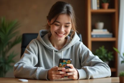 Jeune femme jouant à Coin Master sur son smartphone depuis un bureau confortable à la maison