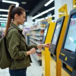 Femme utilisant un kiosque de point relais Chronopost en supermarché pour récupérer un colis