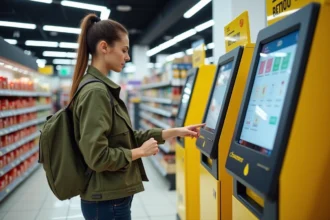 Femme utilisant un kiosque de point relais Chronopost en supermarché pour récupérer un colis