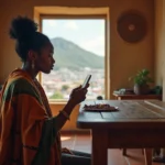 Femme malgache consultant l'heure sur son téléphone avec une horloge murale à Antananarivo illustrant le décalage horaire avec la France
