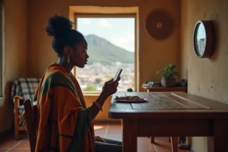 Femme malgache consultant l'heure sur son téléphone avec une horloge murale à Antananarivo illustrant le décalage horaire avec la France