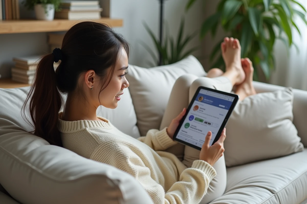 Jeune femme allongée sur un canapé consultant des scans de manga sur une tablette via Discord dans un salon moderne