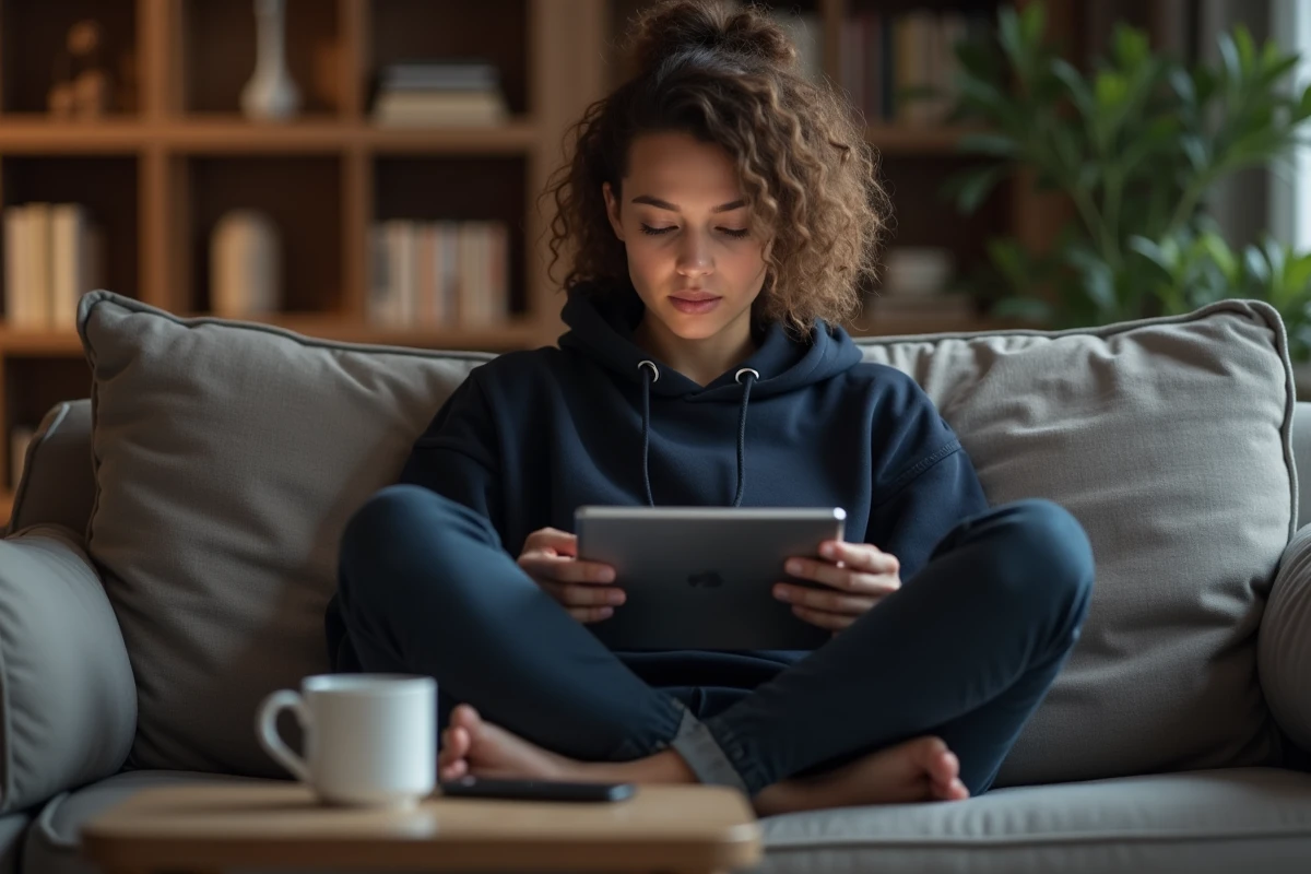 Femme consultant la nouvelle adresse d'un site de films en ligne depuis sa tablette sur un canapé