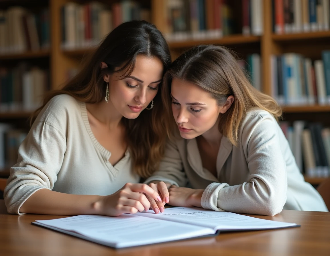 Deux femmes consultant un document administratif allemand dans une bibliothèque pour comprendre la signification de Sonstiges en français