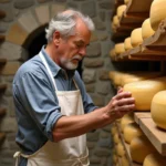Fromager artisanal inspectant une meule de fromage affiné dans une cave à fromages traditionnelle