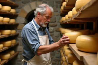 Fromager artisanal inspectant une meule de fromage affiné dans une cave à fromages traditionnelle
