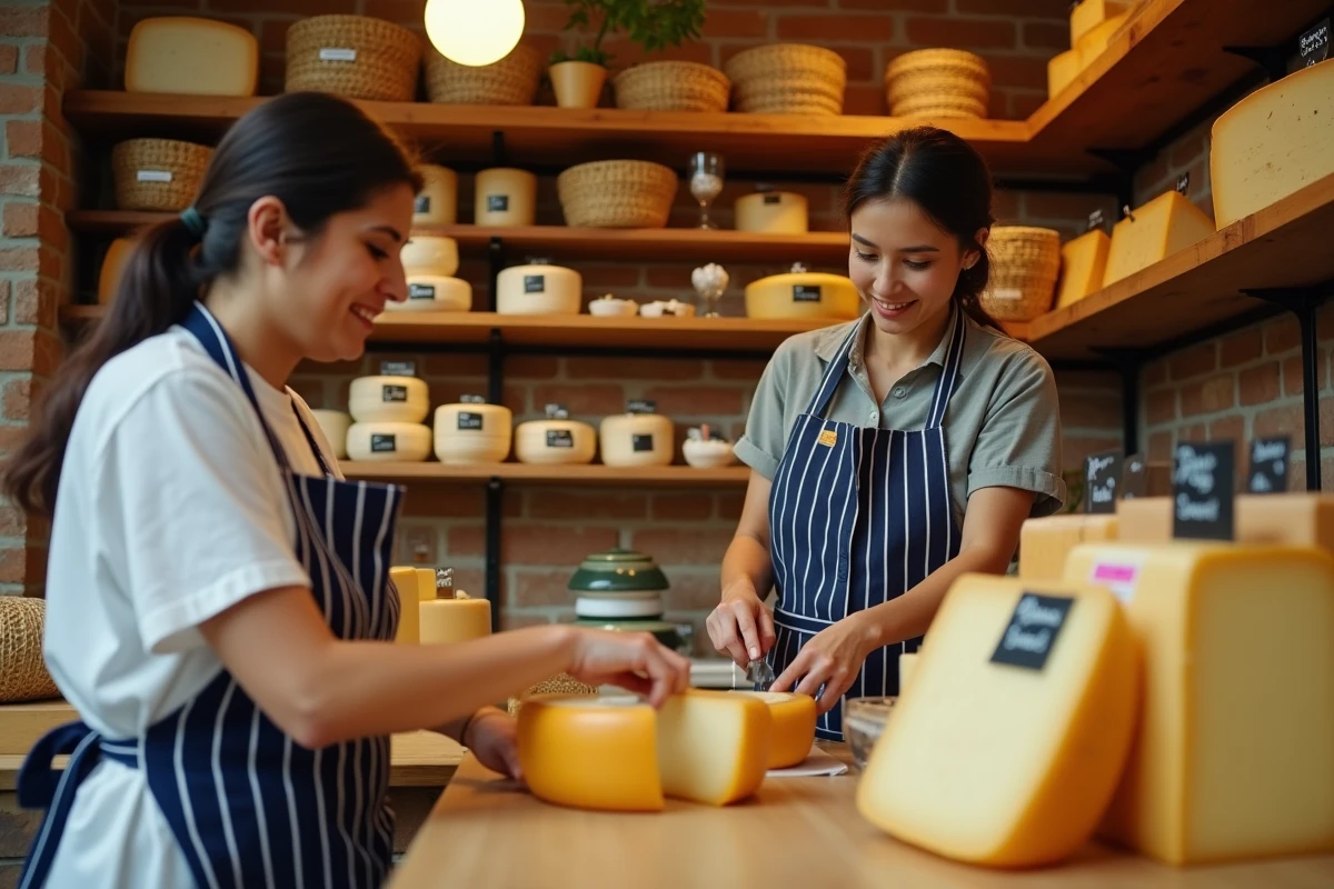Fromagère découpant un fromage de type Manchego dans une épicerie fine franco-espagnole