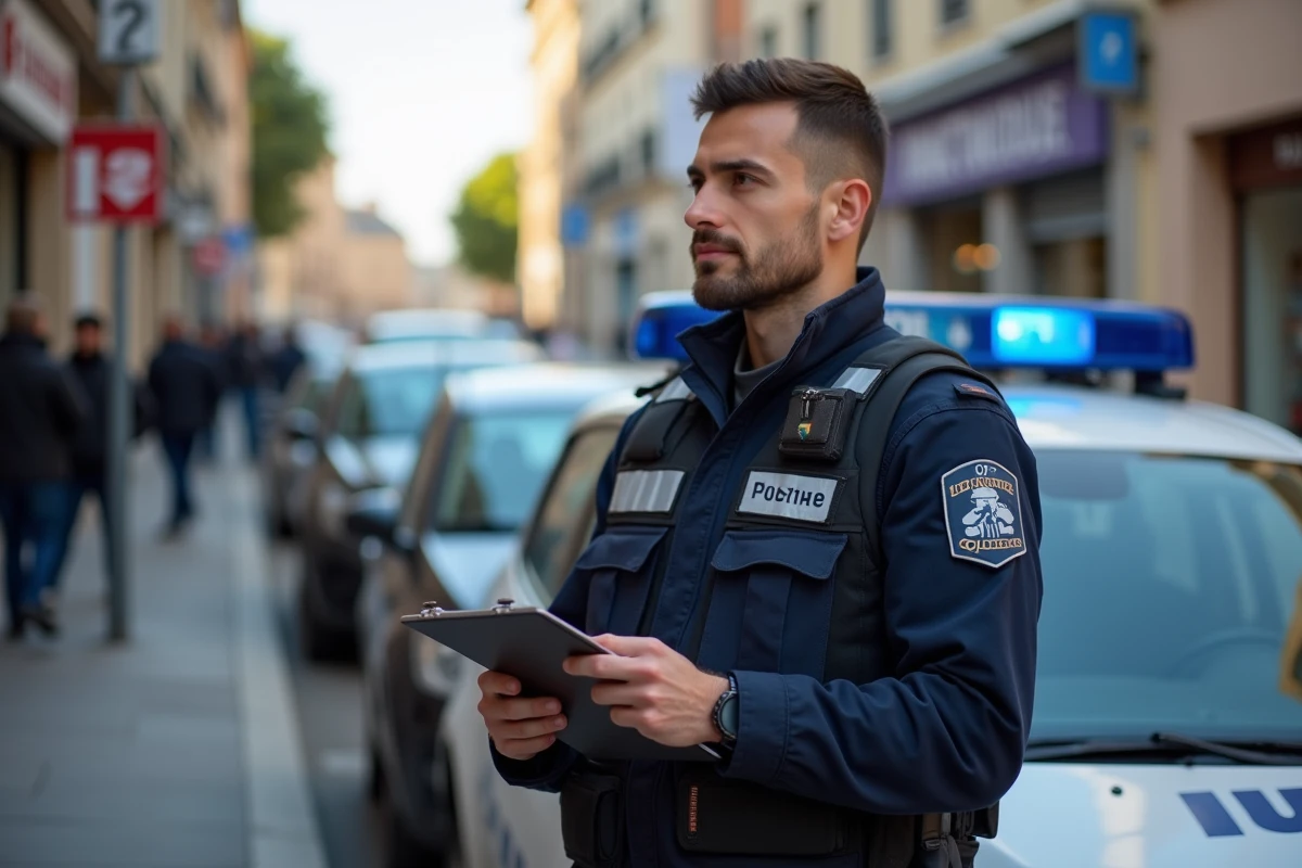 Officier de gendarmerie en faction sur les lieux d'un accident grave à Toulouse, carnet en main