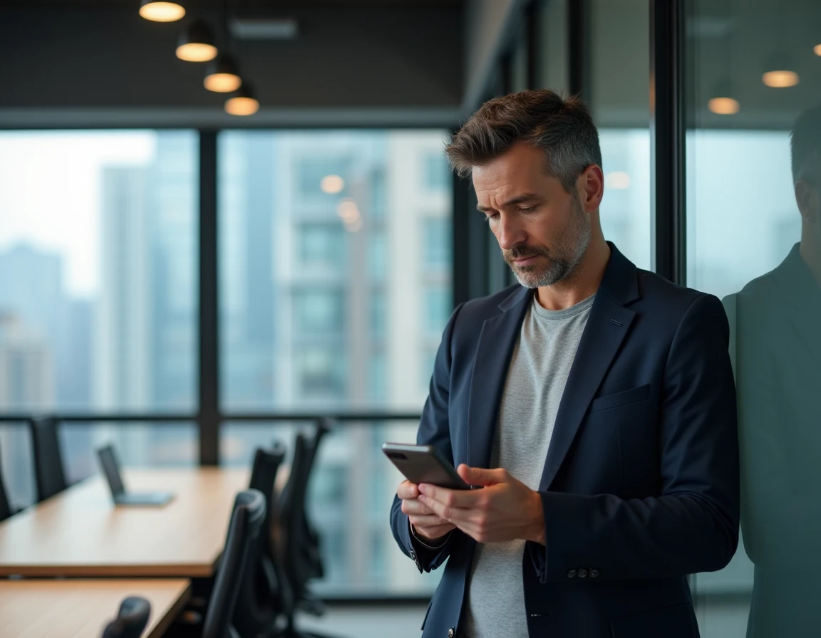 Homme d'affaires consultant un annuaire inversé sur son téléphone pour identifier un prospect dans un espace de coworking