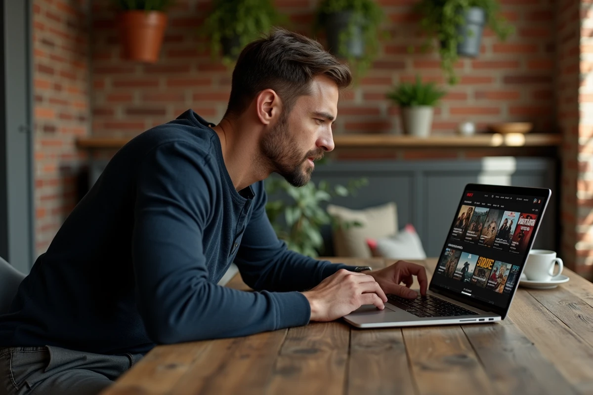 Homme concentré devant un ordinateur portable affichant le catalogue Netflix de séries espagnoles en 2026