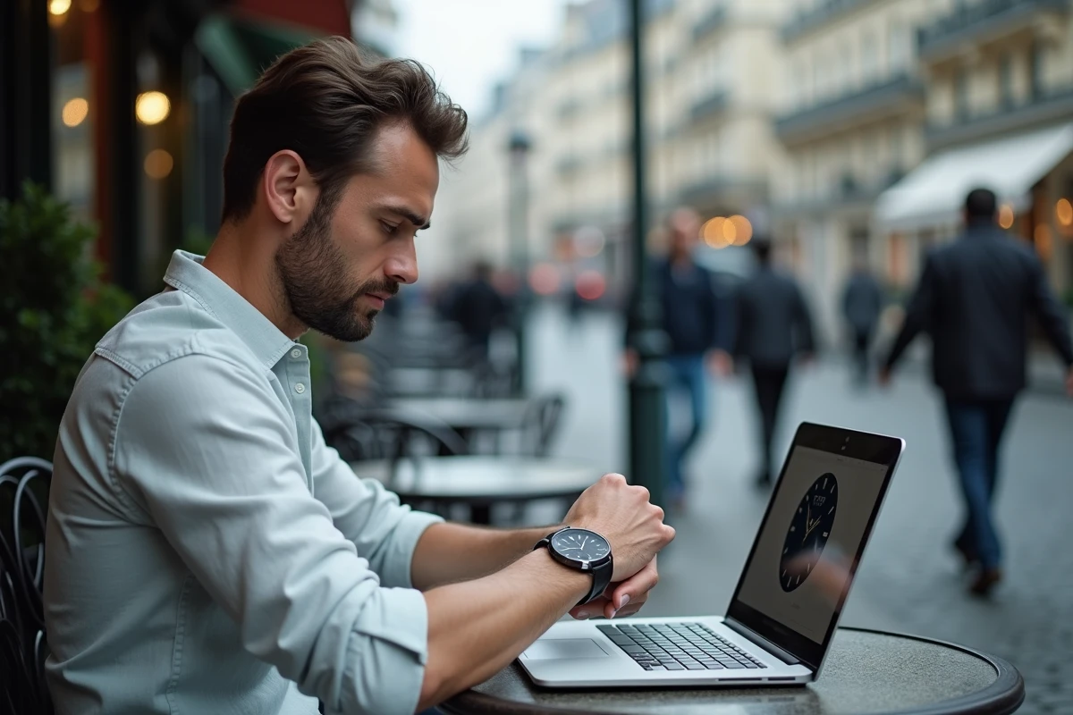 Homme français comparant les fuseaux horaires entre Paris et Madagascar sur son ordinateur portable dans un café parisien
