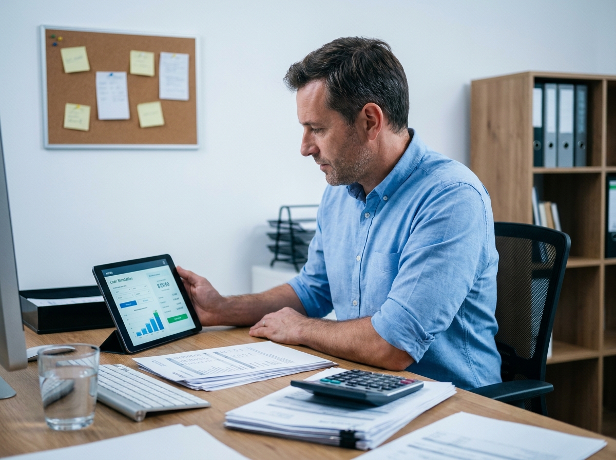 Homme planifiant un projet de crédit immobilier avec une tablette et des documents financiers sur un bureau
