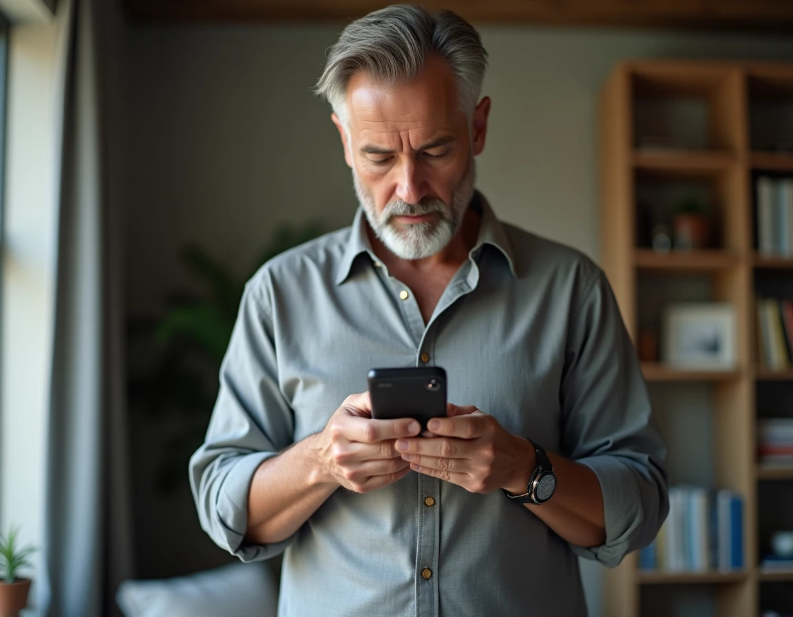 Homme tenant un Nokia reconditionné dans ses mains dans un appartement moderne, examen attentif du téléphone