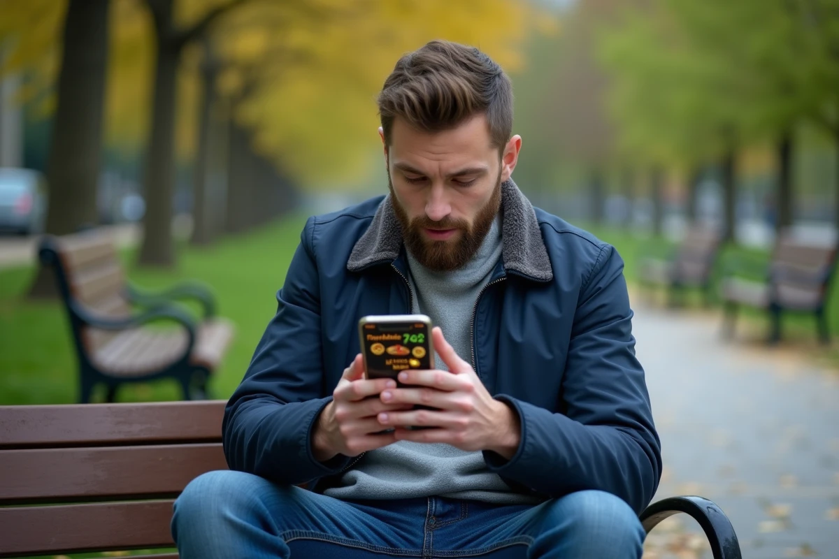 Homme consultant des tours gratuits Coin Master sur son téléphone dans un parc urbain