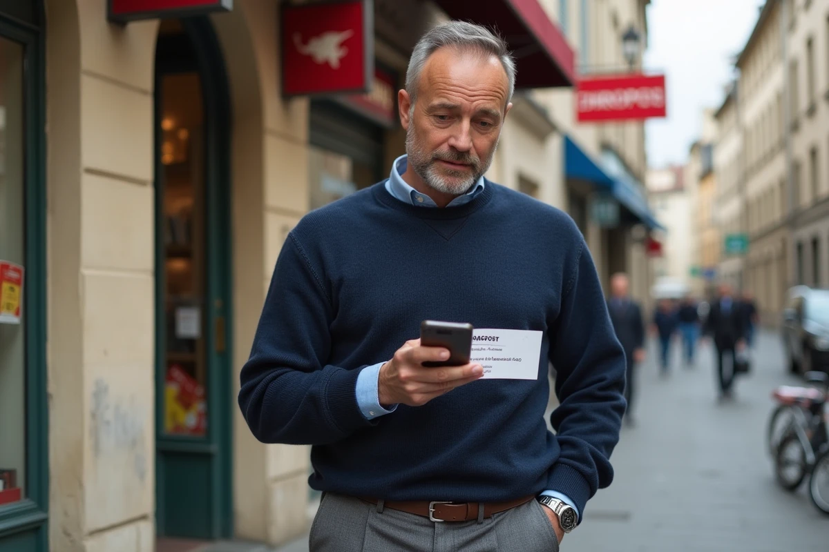 Homme vérifiant l'adresse d'un point relais Chronopost devant un bureau de tabac en ville
