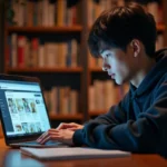 Jeune homme lisant des scans de manga sur Discord depuis son bureau avec des volumes de manga empilés autour de lui