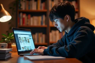 Jeune homme lisant des scans de manga sur Discord depuis son bureau avec des volumes de manga empilés autour de lui