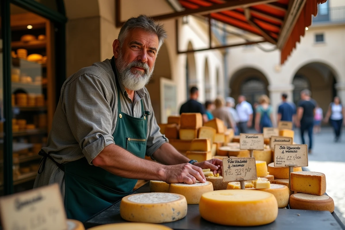 Vendeur de fromages espagnols sur un marché en plein air avec étiquettes bilingues français-espagnol