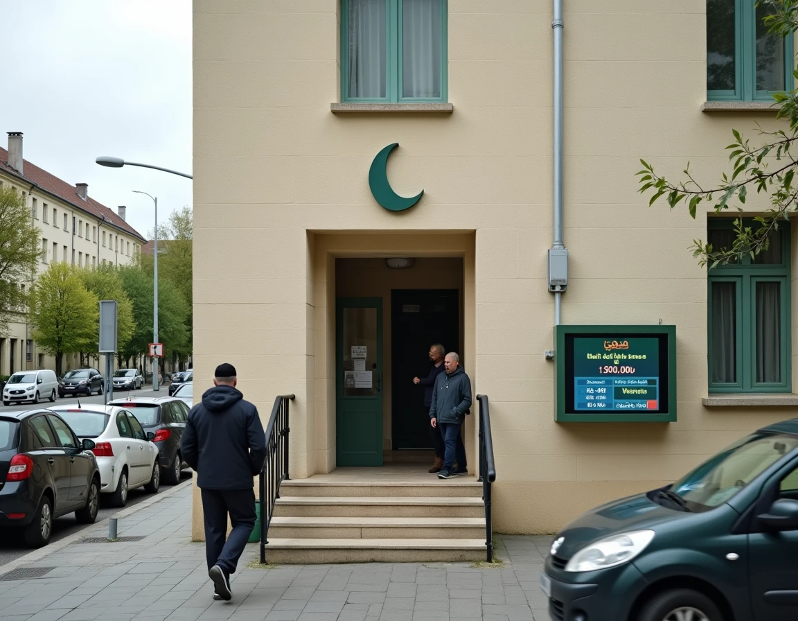 Façade d'une mosquée au Blanc-Mesnil avec panneau d'affichage des horaires de prière