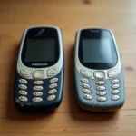 Nokia ancien modèle reconditionné posé sur un bureau en bois à côté d'un smartphone moderne, comparaison de taille