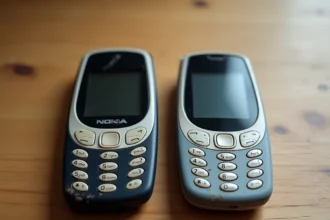 Nokia ancien modèle reconditionné posé sur un bureau en bois à côté d'un smartphone moderne, comparaison de taille