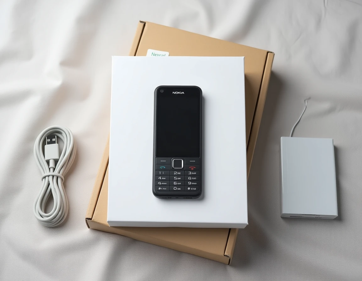 Nokia reconditionné présenté dans son emballage écologique avec câble USB et étiquette éco-responsable sur tissu gris