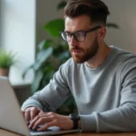 Homme cherchant la nouvelle adresse URL d'un site de streaming sur son ordinateur portable en 2026