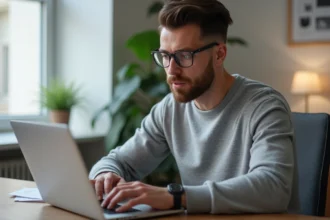 Homme cherchant la nouvelle adresse URL d'un site de streaming sur son ordinateur portable en 2026
