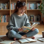 Jeune femme organisant sa collection de mangas et ses lectures Crunchyscan sur le sol de son salon