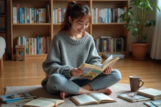 Jeune femme organisant sa collection de mangas et ses lectures Crunchyscan sur le sol de son salon