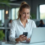 Professionnelle en bureau identifiant un appel entrant sur son smartphone grâce à un annuaire inversé en ligne