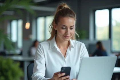 Professionnelle en bureau identifiant un appel entrant sur son smartphone grâce à un annuaire inversé en ligne