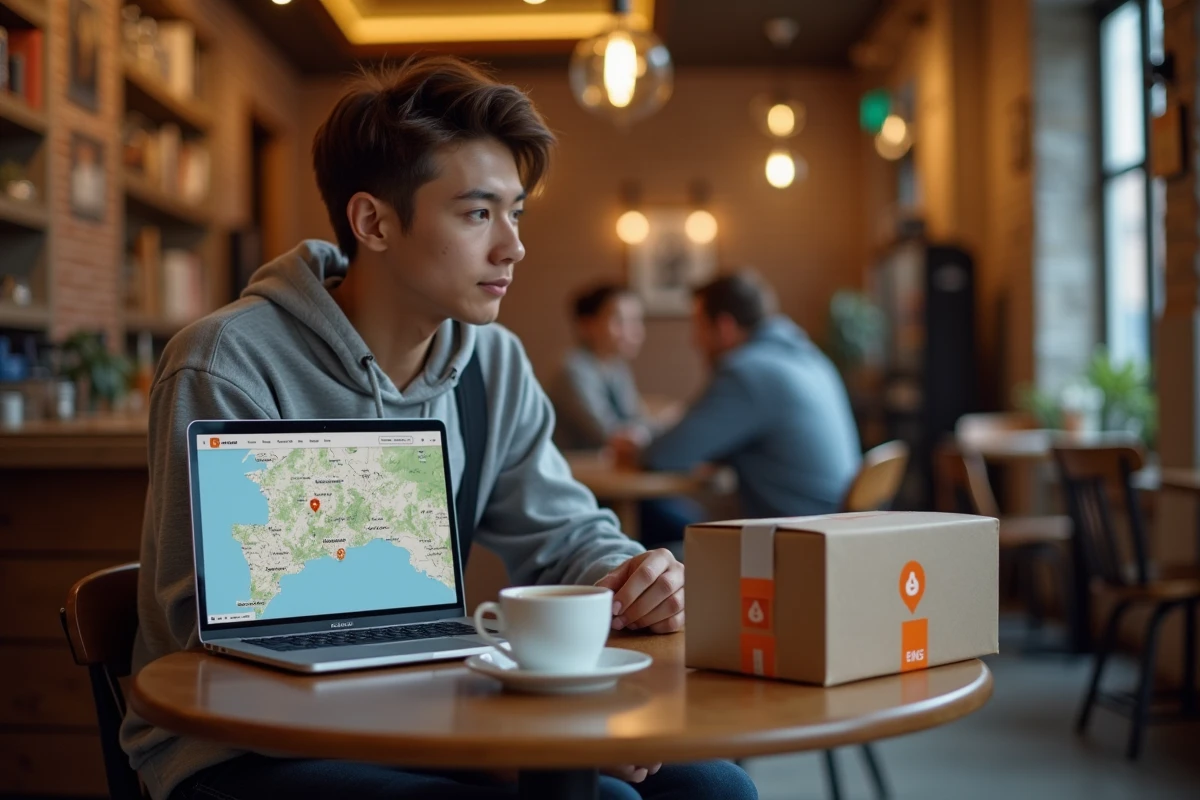Personne recherchant un point relais Chronopost sur ordinateur portable dans un café avec un colis posé sur la table