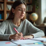 Femme qui reformule un texte à la main avec un stylo rouge sur un bureau en bois encombré de documents imprimés