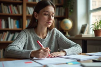 Femme qui reformule un texte à la main avec un stylo rouge sur un bureau en bois encombré de documents imprimés