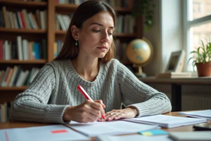 Femme qui reformule un texte à la main avec un stylo rouge sur un bureau en bois encombré de documents imprimés