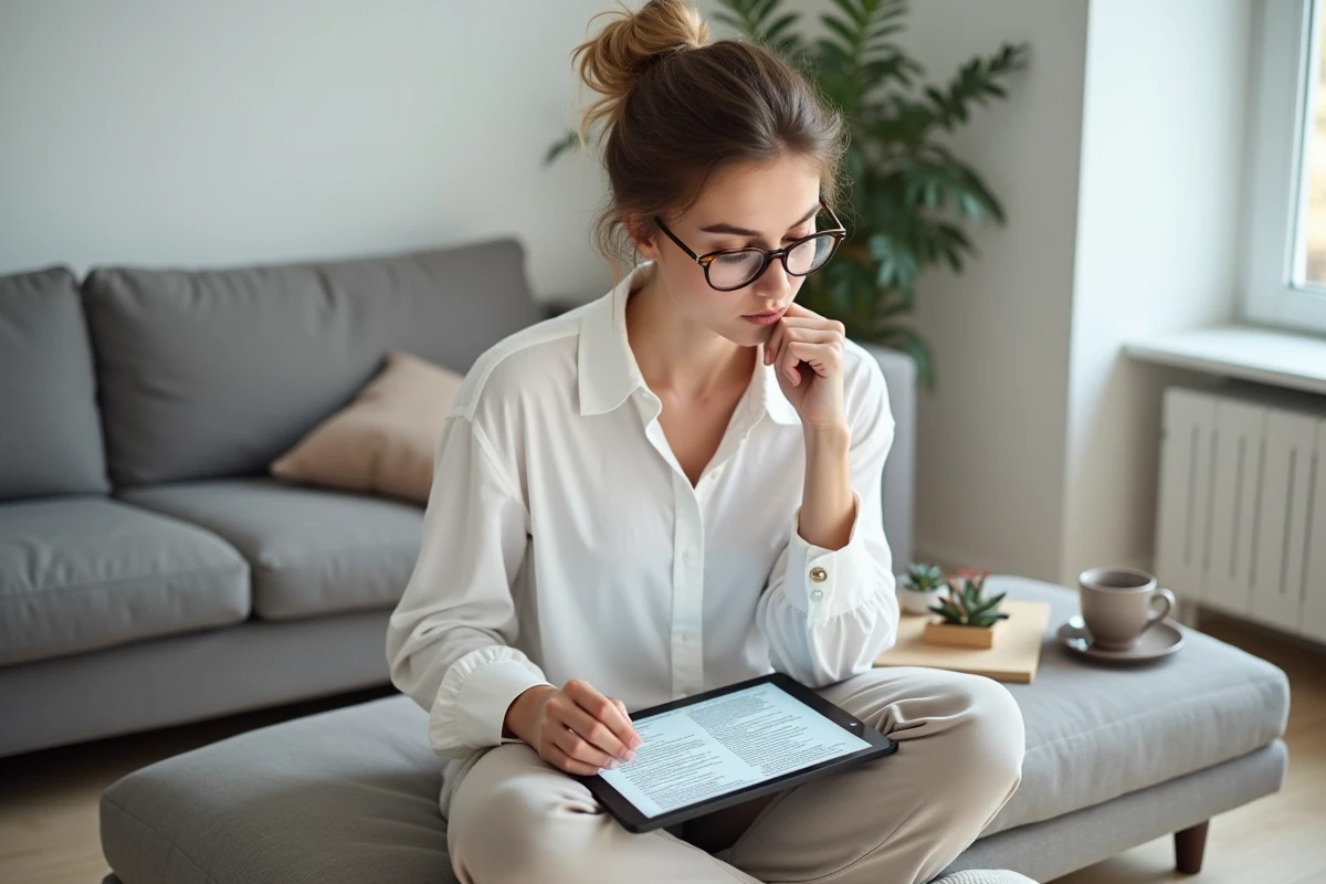 Jeune femme relisant un texte reformulé sur une tablette dans un salon minimaliste de style scandinave