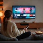 Jeune femme regardant une série espagnole sur Netflix depuis son canapé velours, ambiance cosy binge-watching