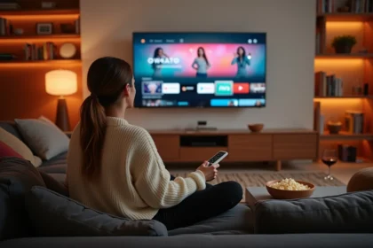 Jeune femme regardant une série espagnole sur Netflix depuis son canapé velours, ambiance cosy binge-watching
