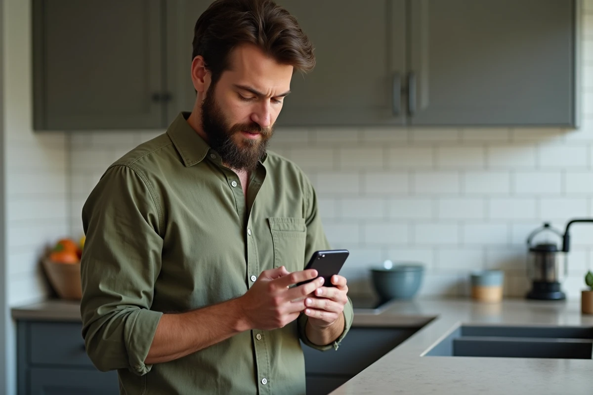 Homme vérifiant l'URL d'un site de streaming sur smartphone dans une cuisine moderne