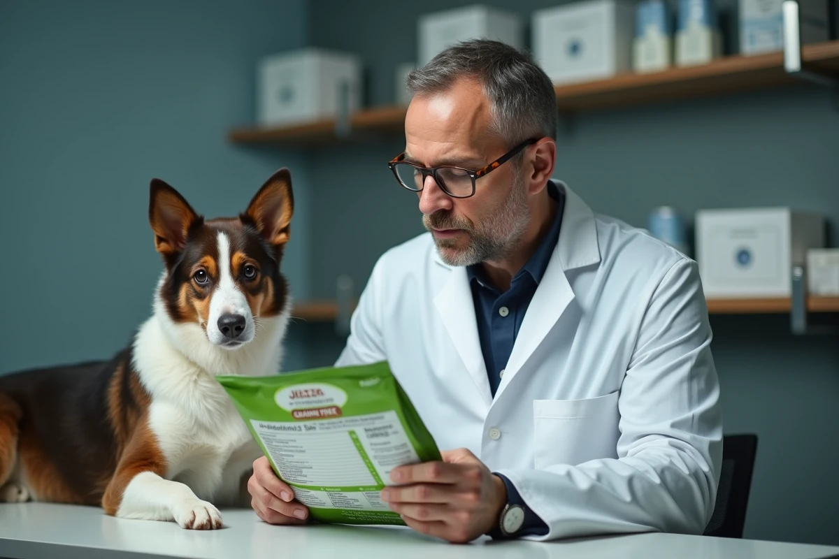Vétérinaire analysant l'étiquette nutritionnelle d'un sac de croquettes sans céréales lors d'une consultation canine