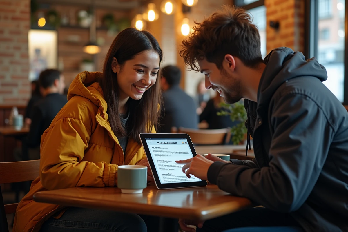 Deux amis découvrant ensemble des séries manga en VF sur une tablette dans un café