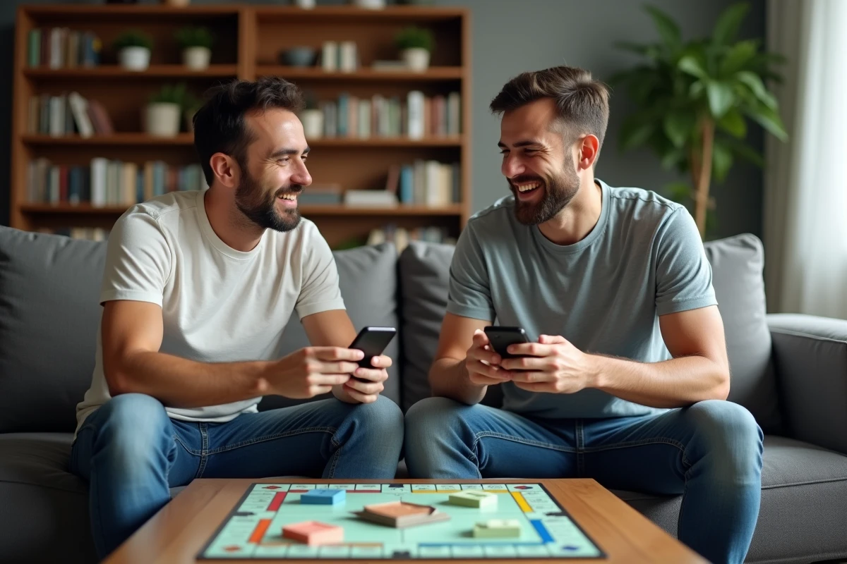 Deux amis jouant à Monopoly Go sur leur téléphone avec un plateau de jeu Monopoly sur la table basse