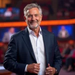Animateur de télévision souriant en plateau de jeu télévisé, incarnant le charisme et le succès médiatique français