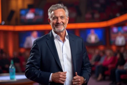 Animateur de télévision souriant en plateau de jeu télévisé, incarnant le charisme et le succès médiatique français