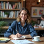 Femme créative travaillant dans un espace de co-working moderne, entourée de notes et d'idées pour nourrir ses projets en 2026