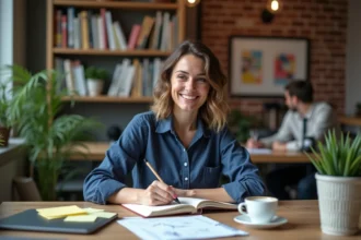 Femme créative travaillant dans un espace de co-working moderne, entourée de notes et d'idées pour nourrir ses projets en 2026