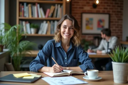 Femme créative travaillant dans un espace de co-working moderne, entourée de notes et d'idées pour nourrir ses projets en 2026